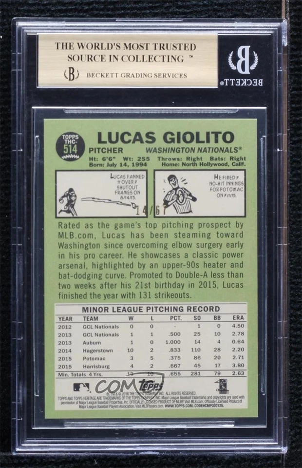 2016 Topps Heritage High Number /67 Lucas Giolito BGS 9.5 GEM MINT Rookie RC - Image 2 of 2