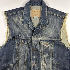 Ecko Unlimited Mens Blue Wash Trucker Denim Vest Jacket Distressed Large Vintage
