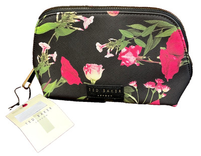 TED BAKER COSMETIC BAG BLACK PINK FLORAL SCATTERED BOUQUET 60% POLYURETHANE NWT