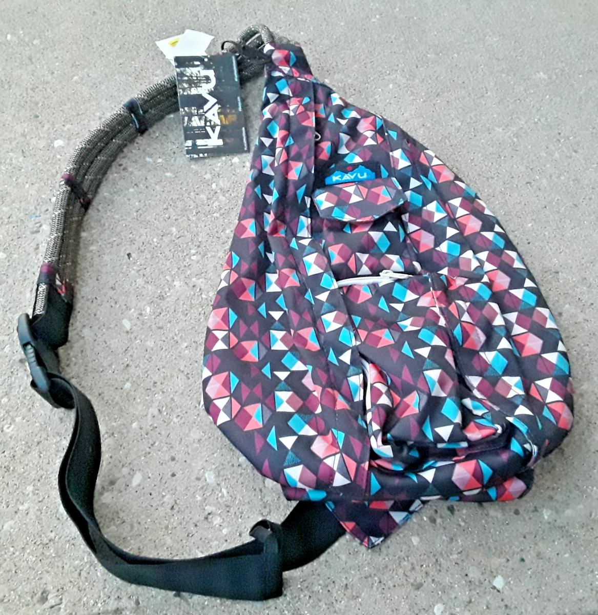 Kavu Black & Gray Geometric Rope Sling Bag KAVU Rope Crossbody Sling bag Backpack Cloth Boho Hippie | eBay main image 4