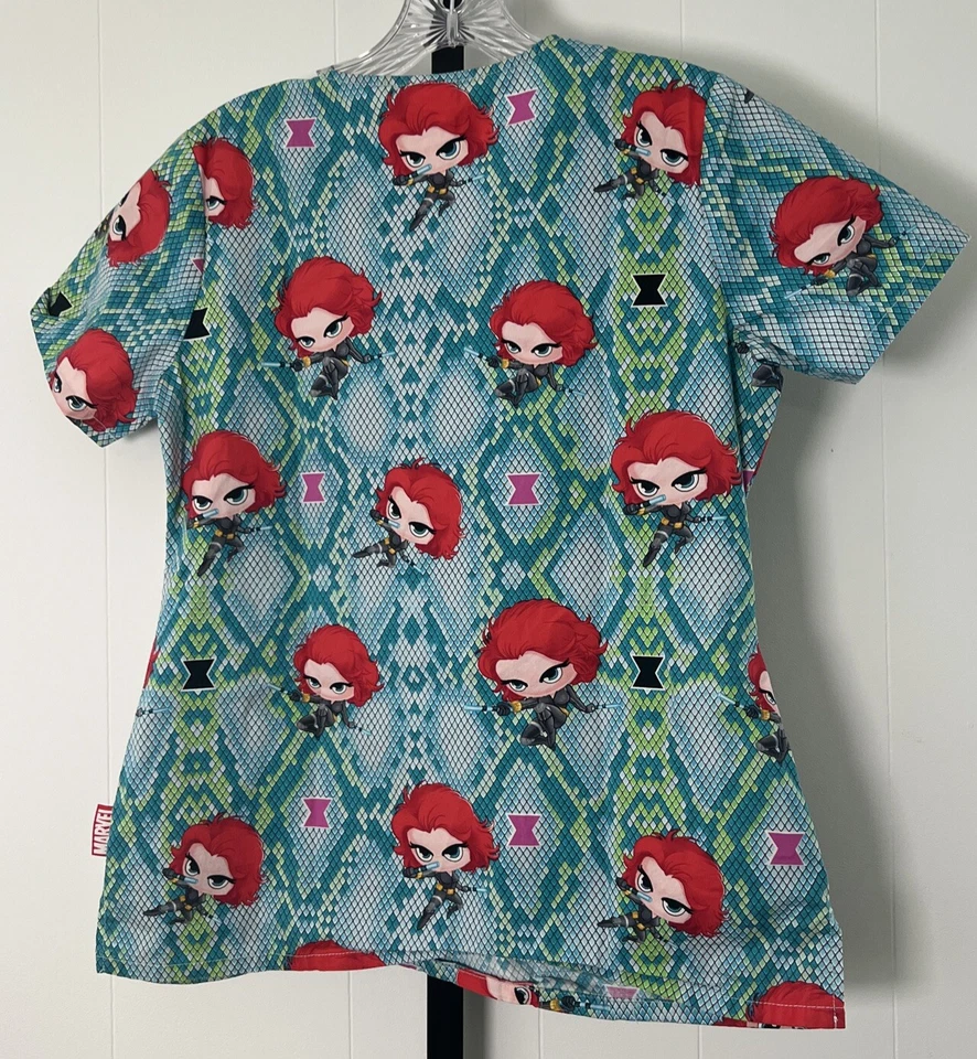 Marvel Black Widow Nurse Vet Dental Scrub Top Avengers Pocket Small Woman’s - Image 2 of 4
