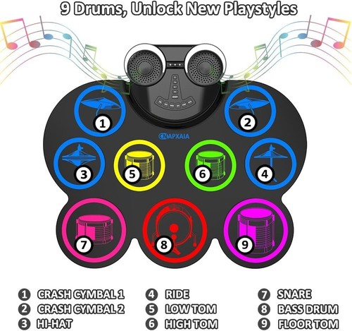 Batteria Elettrica, 9 Pad Silicone Batteria Bambini con Doppio Altoparlante, Supporto Hea - Foto 5 di 7
