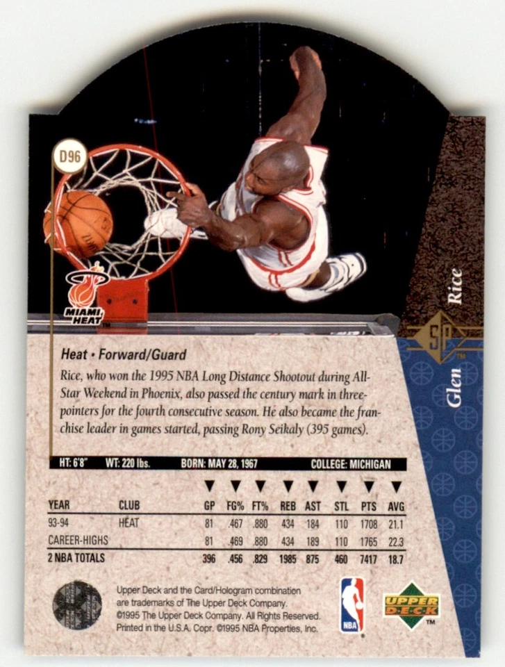 1994 SP Die Cuts #D96 Glen Rice Miami Heat - Image 2 of 2