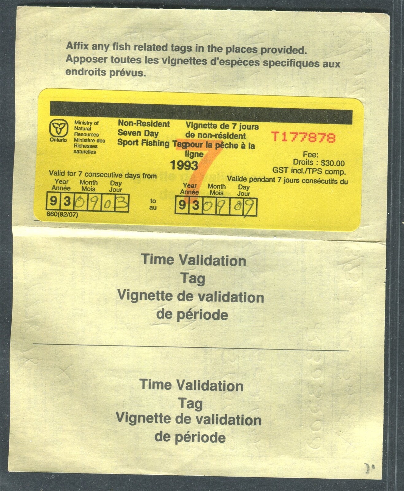 CANADA REVENUE ONTARIO 1993 NONRESIDENT SPORT FISHING LICENCE & TAG eBay