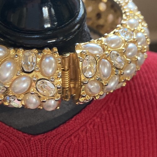 Kenneth J Lane Faux Pearl/Rhinestone Cuff Bracelet 8 1/2” Long - Picture 3 of 9