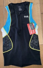 TYR Men's Small Black Blue Triathlon Zip Front Singlet Tank COMPETITOR USA New
