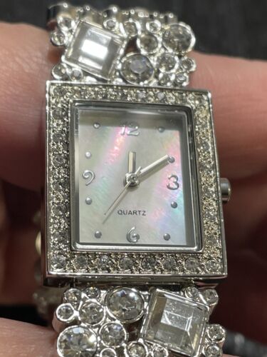 Kessaris Watch Women 22mm Silver Tone Crystals Bling MOP 7" Long - Picture 3 of 13