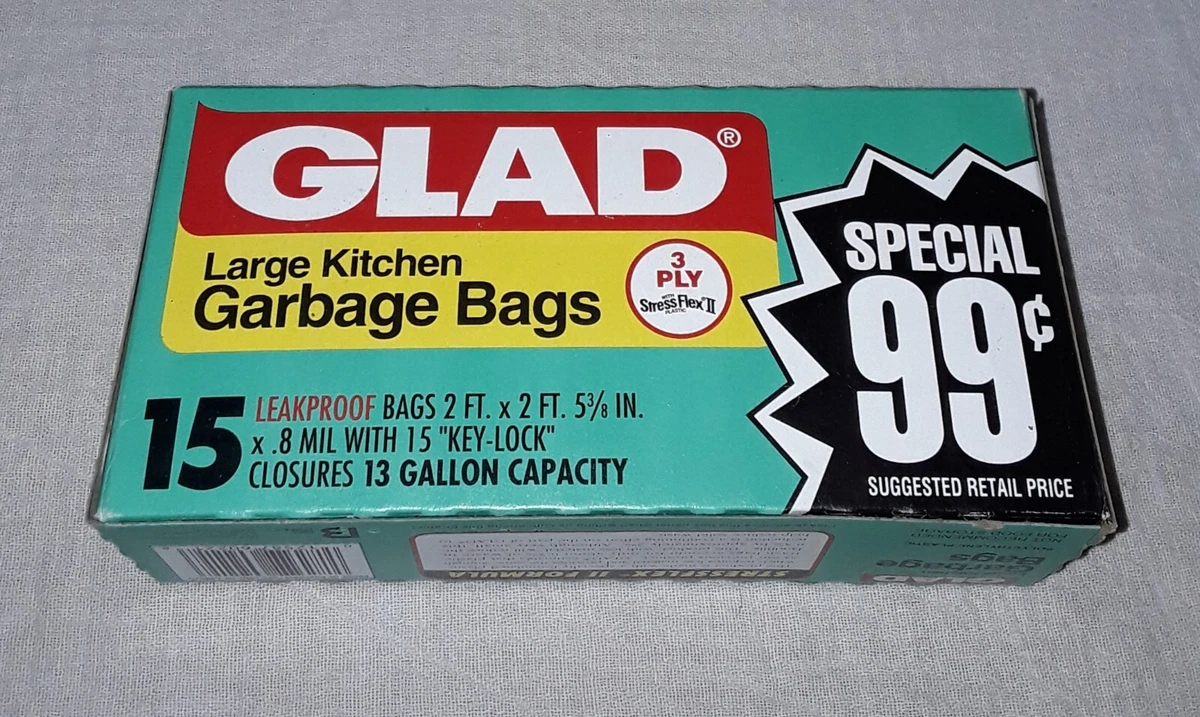 VINTAGE GLAD LARGE KITCHEN GARBAGE BAGS 13 GALLON 15 COUNT BOX SEALED NOS