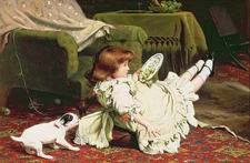 Hand painted Oil painting little girl eating grapes her pet little dog in room