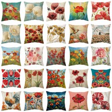 18x18 Inch Oil Painting Red Poppy Flower Pillow Cover Rustic Floral Cushion Case