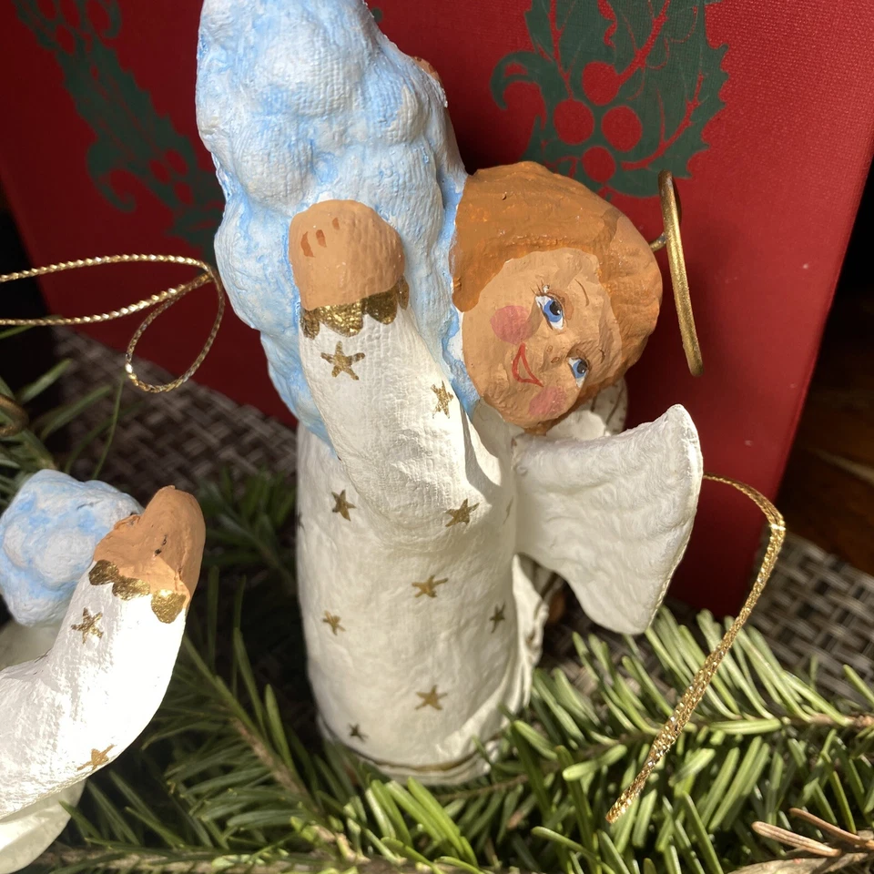 2 Happy Handmade Paper Mache Angels; Hand-Painted, Unsigned Folk Art Cherubs - Image 3 of 4