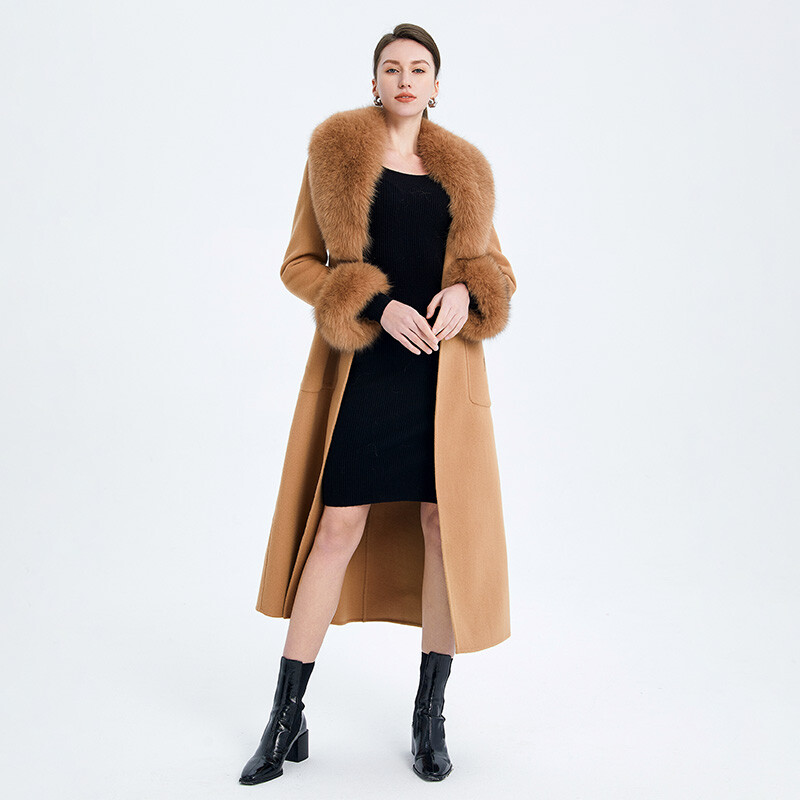 Women Long Wool Coat Detachable Real Fur Collar Cuffs Belt Coat