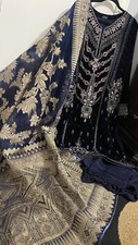 3 Piece velvet pakistani shalwar kameez stitched blue Golden Embroidery Size L