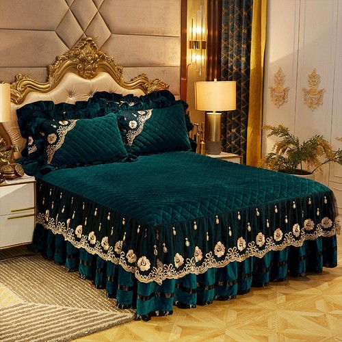 Qulited Velvet Lace Queen Bedspread Twin Full Fitted Bed Sheet Ruffles Skirt New - Picture 26 of 65