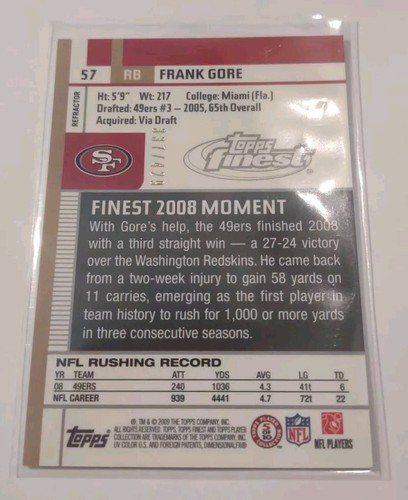 2009 Topps Finest Frank Gore Blue Refractor #/429 #57 49ers - Picture 2 of 3