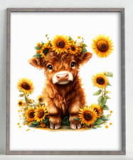 Cow Wall Art Print, Cow With Sunflowers Print, Farmhouse Art Home Decor 517