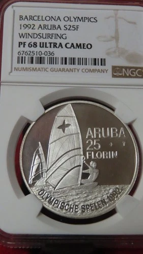 25 Florin 1992 Silver NGC PF PR 68 WINDSURFING ARUBA Caribbean Netherlands DutcH