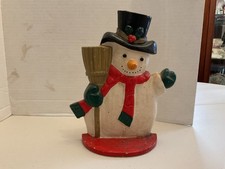 VTG  cast iron WHITE SNOWMAN DOOR STOP w/carrot nose,holding broom,tophat!