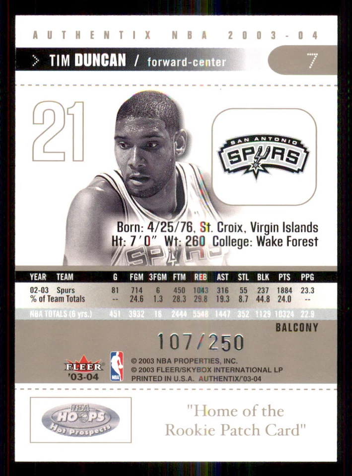 2003-04 Fleer Authentix Balcony #7 Tim Duncan /250 - Image 2 of 2