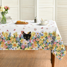 Spring Tablecloth 60 60 Inch Square, Orange Daffodils Tulips Flower Cat