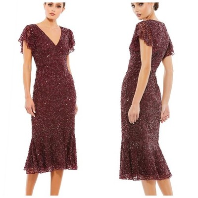 Mac Duggal A10801 Burgundy Sequin Beaded Midi Dress Flutter Sleeve Size 0 NWT