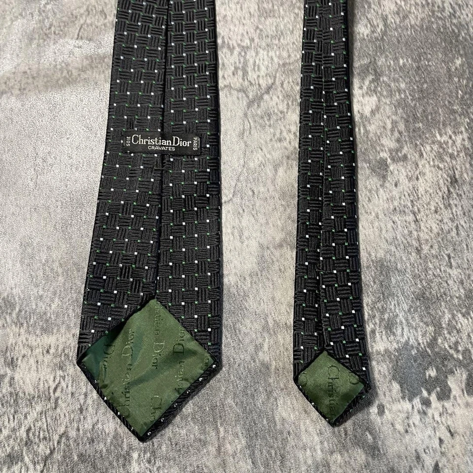 Christian Dior Neck Tie black dot green 100%Silk excellent gift F/S - Image 4 of 4
