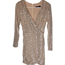 CBR Women Champagne Gold Sequin Long Sleeve V-Neck Tulip Hem Mini Dress Size S