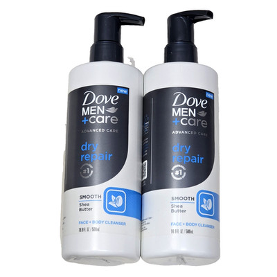 2 Pack Dove Men Care Dry Repair Smooth Shea Butter Face Body Cleanser 16.9oz.