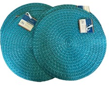 Round Braided Placemats 15" Natural Woven Turquoise Set Of 2 NEW