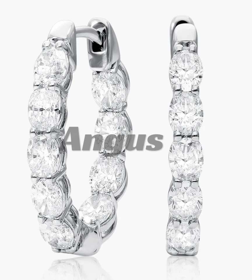4.50Ct F/VS1 Oval Lab Created Diamond Hoop Earrings | Solid 14K White Gold 💎 - Image 4 of 4