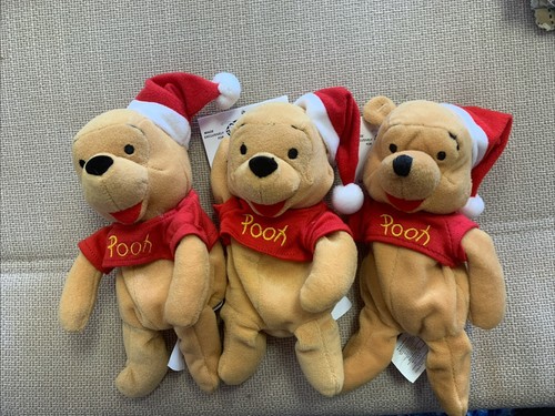 Three (3) Yes Three Disney Santa Pooh 8" Mini Bean Bag Plush 1999, New 2 w/tag - Picture 1 of 6