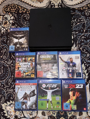 Sony PlayStation 4 Slim Konsole Schwarz inkl. 7 Spiele GTA V FIFA 23 WWE fifa25