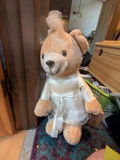 Large Vintage Wedding Teddy Bear Bride In Dress And Veil Holding Flower