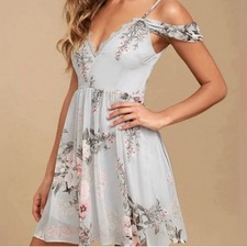 Lulus Verona Light Blue Floral Print Off The Shoulder Lace Mini Dress Women XL