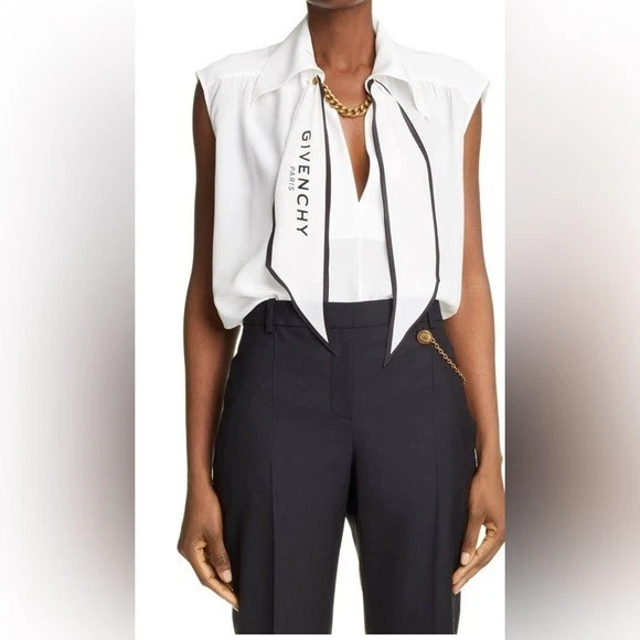 Givenchy — GIVENCHY white silk logo scarf collared sleeveless blouse fr 42 /USA 10