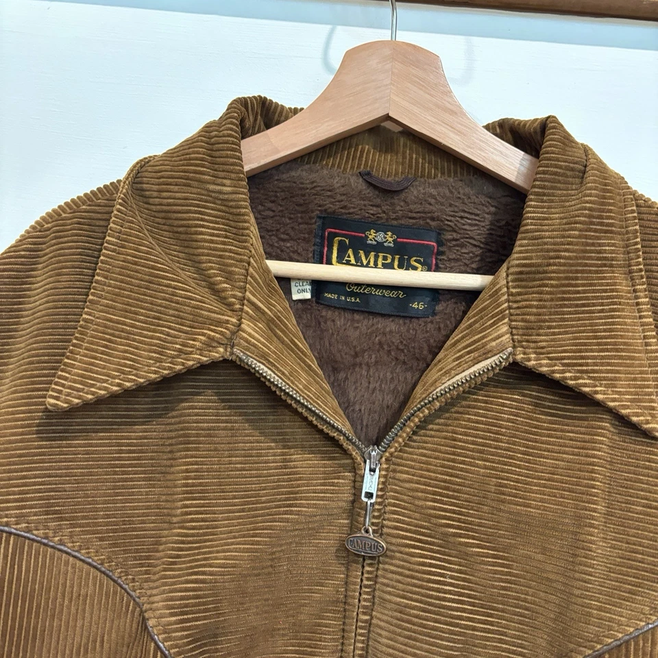 Vintage 60’s Campus Fur Lined Courduroy Cropped Zip Up Jacket Western Mens 46 - Image 2 of 4