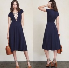 REFORMATION Navy Sandy Lace Up Midi Dress Size L