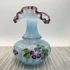 Fenton Blue Opalescent Glass Vase Hand Painted Floral Ruffled 6" JK Dowen Signed