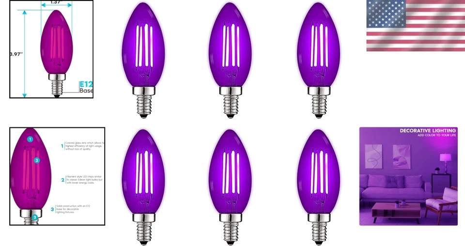 E12 LED Filament Purple Bulbs, 4.5W, Colored Glass - 6 Pack - Image 2 of 4