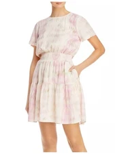 DOLAN Womens Short Sleeve Smocked Waist Keyhole Jewel Neck Short Fit + Flare