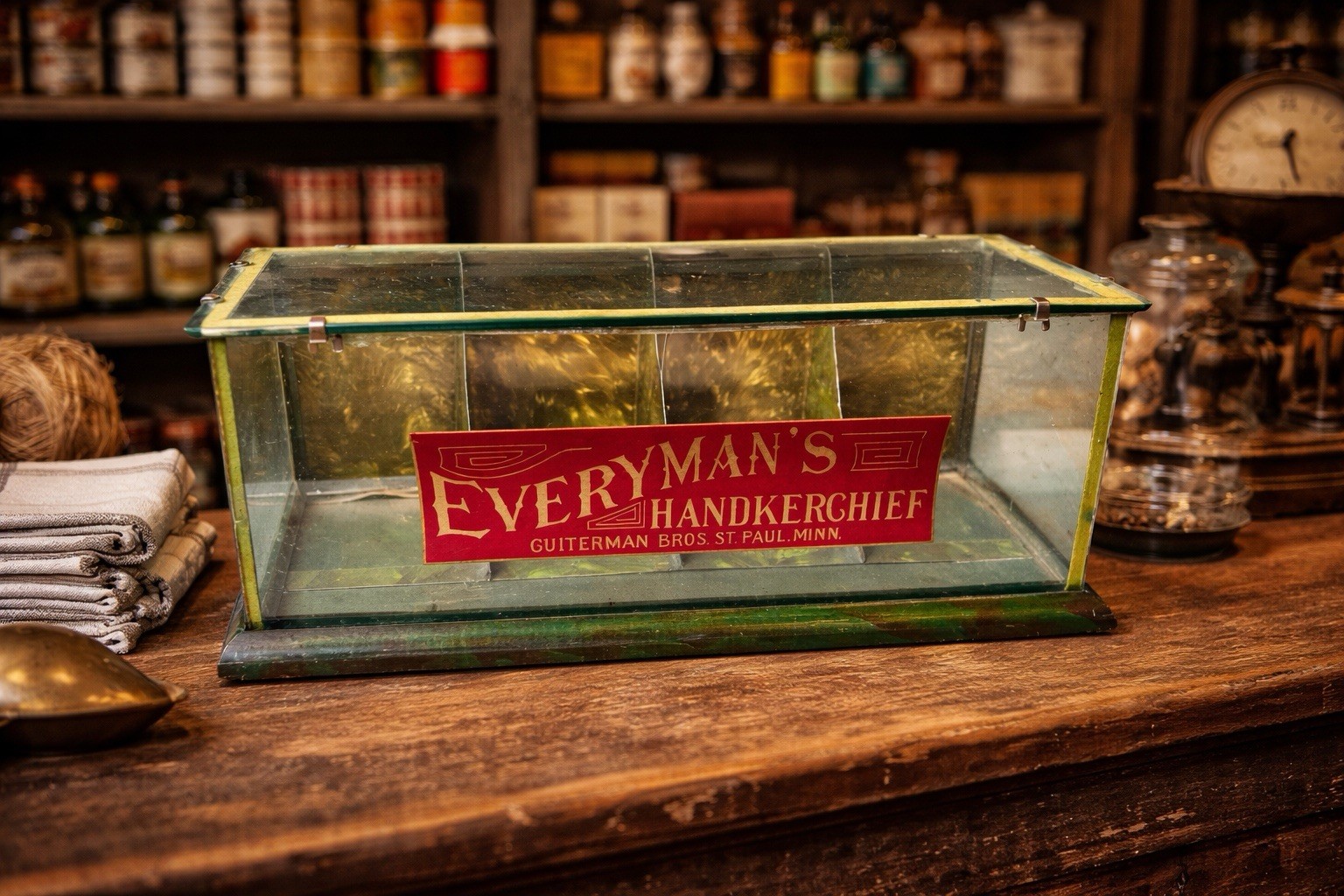 Antique Wood Glass Counter Display Case Everymans Handkerchiefs Guiterman Minn