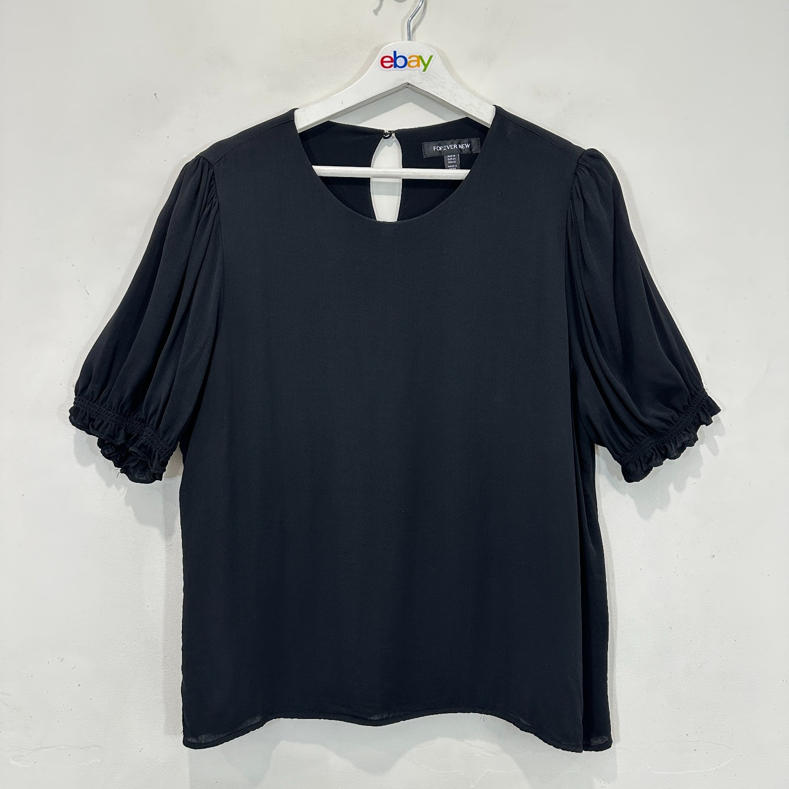 Forever New Top Women AU 16 Black Lined Puff Sleeve Casual
