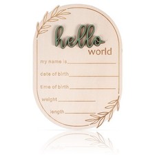 Baby Announcement Sign, 5.91x4.13 Inch Wooden Hello World Name M, Green