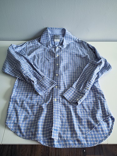 Thomas Dean Button Up Mens Shirt Sz 16R Blue Plaid 100% Cotton Long Sleeve 