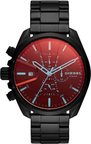 DIESEL Mens MS9 Chronograph Watch Black Blue Red Iridescent Dial Stainless Steel