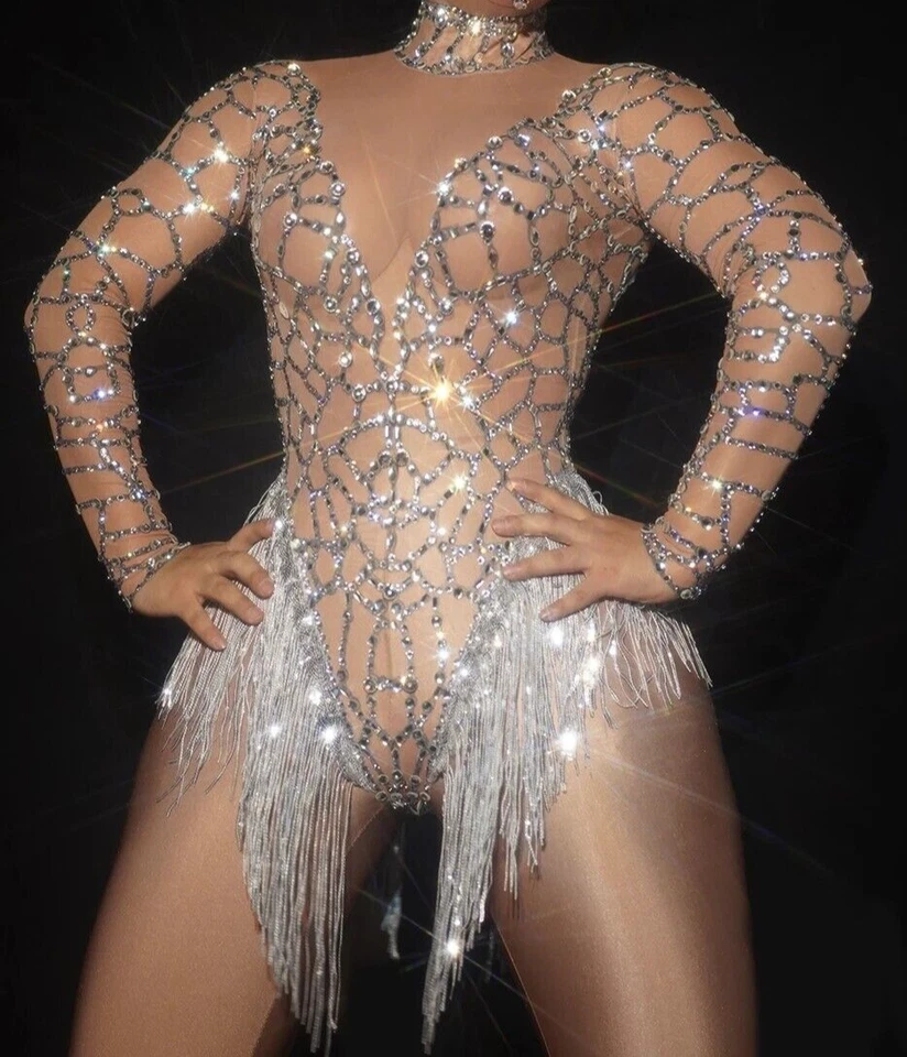 Mujeres Lujo Cuentas Estrás Borla Body Baile Cantante Escenario Espectáculo Disfraz Foto 3 de 4