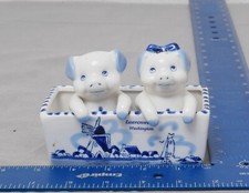 Delft Blue Hand Painted Pig Salt And Pepper Shakers Set With Holder