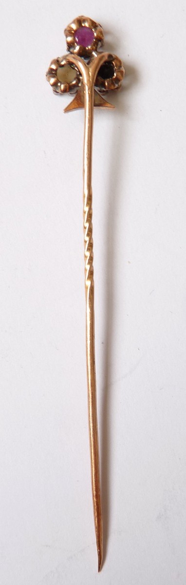 Épingle De Cravate Ancienne En Or 18k Avec Rubis Et Trèfle Tricolore - Objet Patriotique Vintage