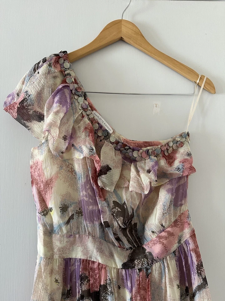 NEW Charlotte Ronson Womens Dress 4 Purple Ruffle 100% Silk One Shoulder - Image 3 of 4