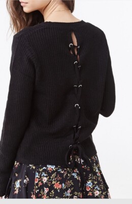 Black Lace Up Open Back Soft & Cozy Knit Sweater-Boho Chic Glam Gift-Size L -New